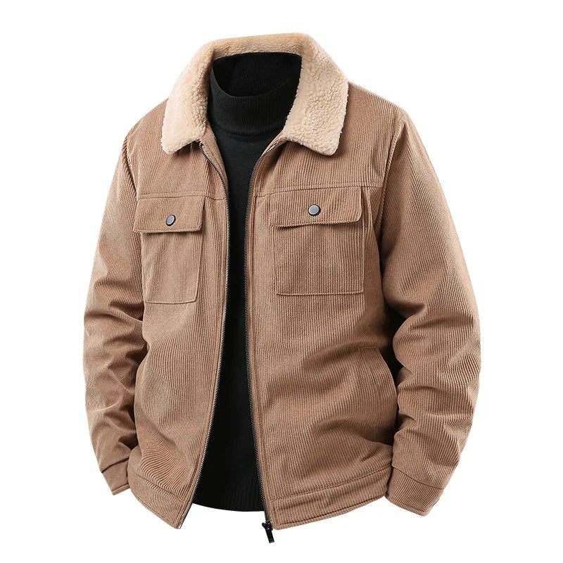 Men's corduroy bomber jacket with warm sherpa lining, perfect for fall and winter casual outerwear.