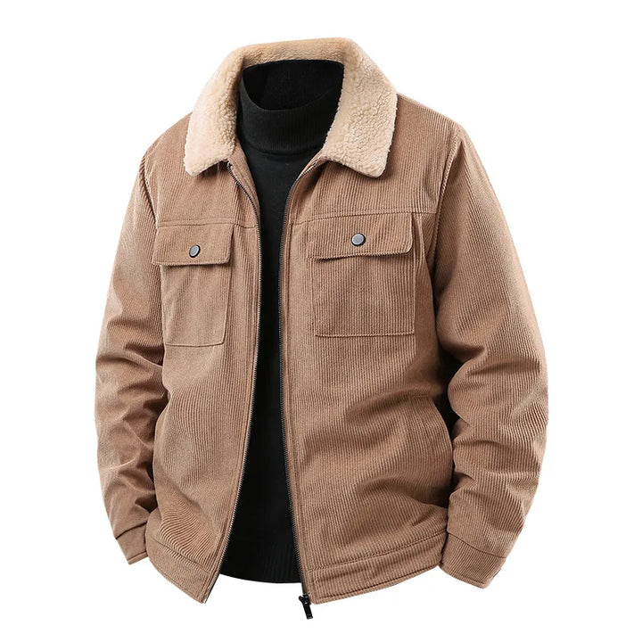 Men's corduroy bomber jacket with warm sherpa lining, perfect for fall and winter casual outerwear.
