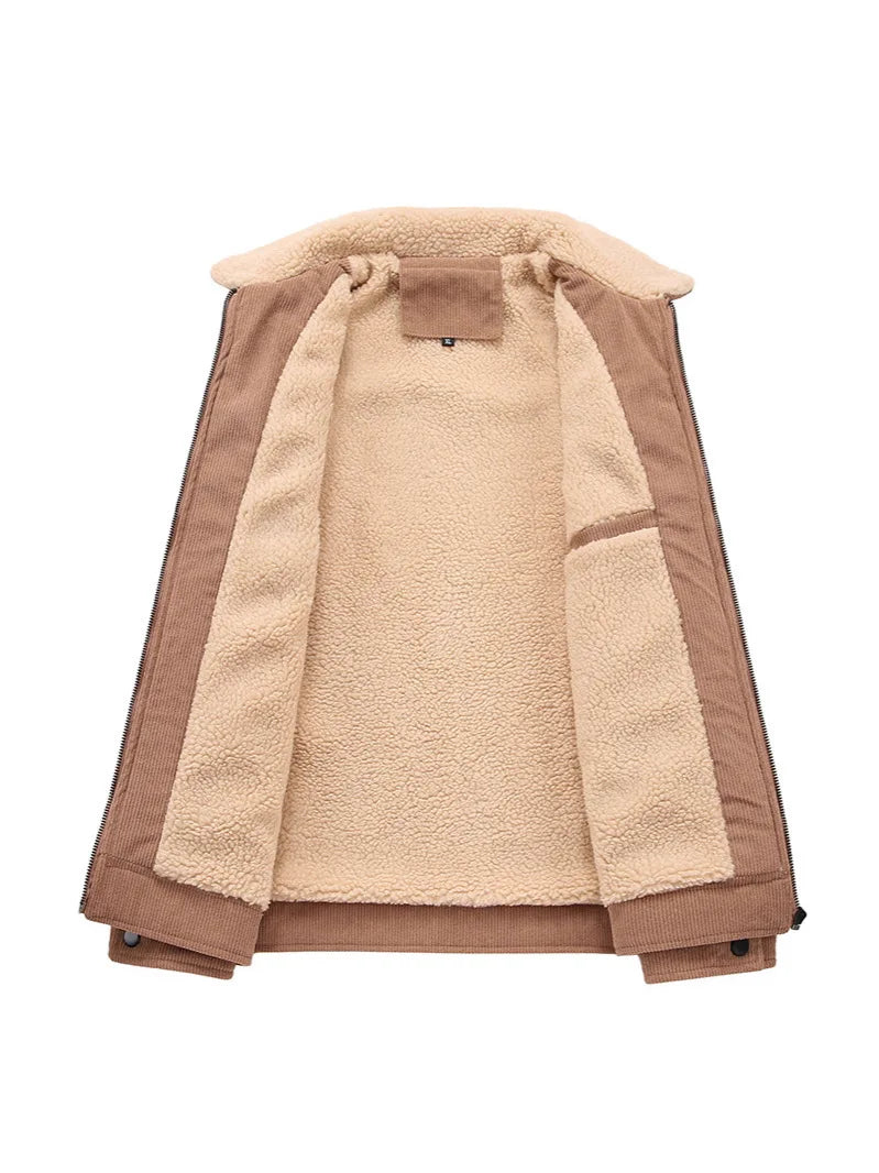 Stylish men's corduroy bomber jacket featuring cozy sherpa lining, ideal for casual fall and winter wear.