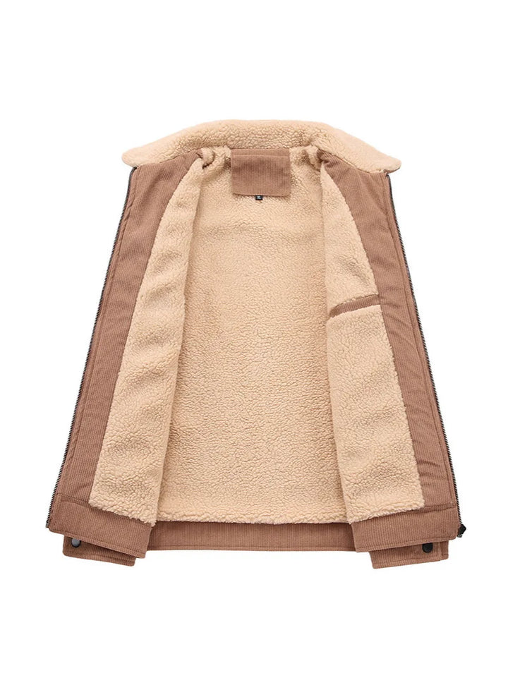 Stylish men's corduroy bomber jacket featuring cozy sherpa lining, ideal for casual fall and winter wear.