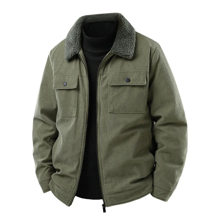 Warm men's corduroy sherpa bomber jacket, an essential piece of outerwear for cold fall and winter days.