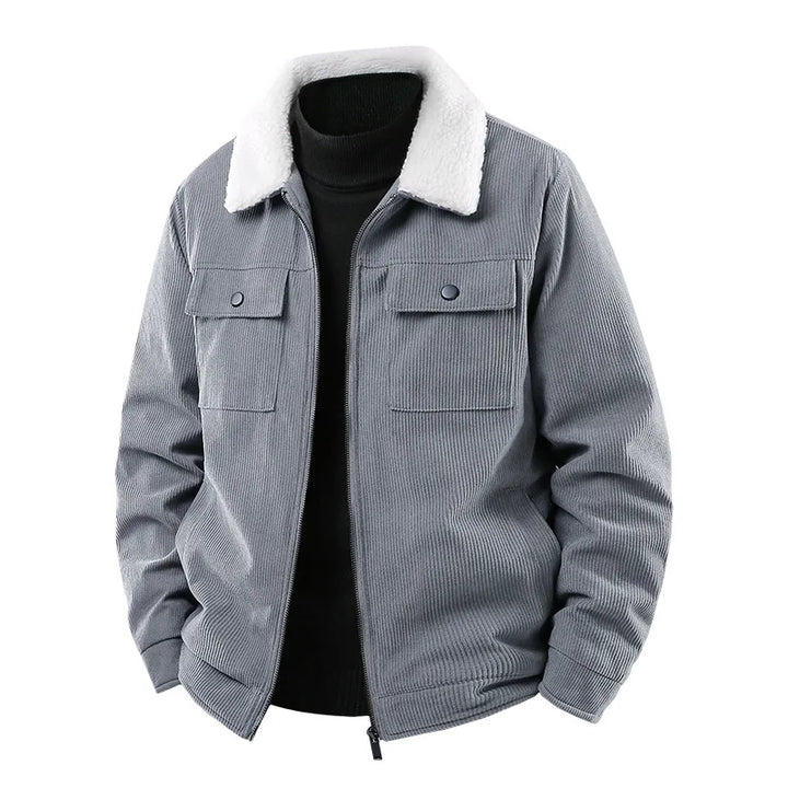 Casual men's corduroy bomber jacket with a soft sherpa collar and lining, great for chilly weather.