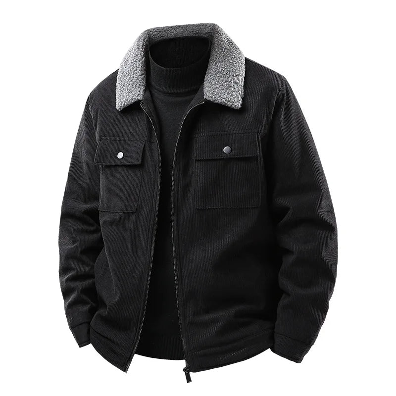 Durable men's corduroy bomber jacket with plush sherpa lining, offering comfort and warmth in cooler seasons.