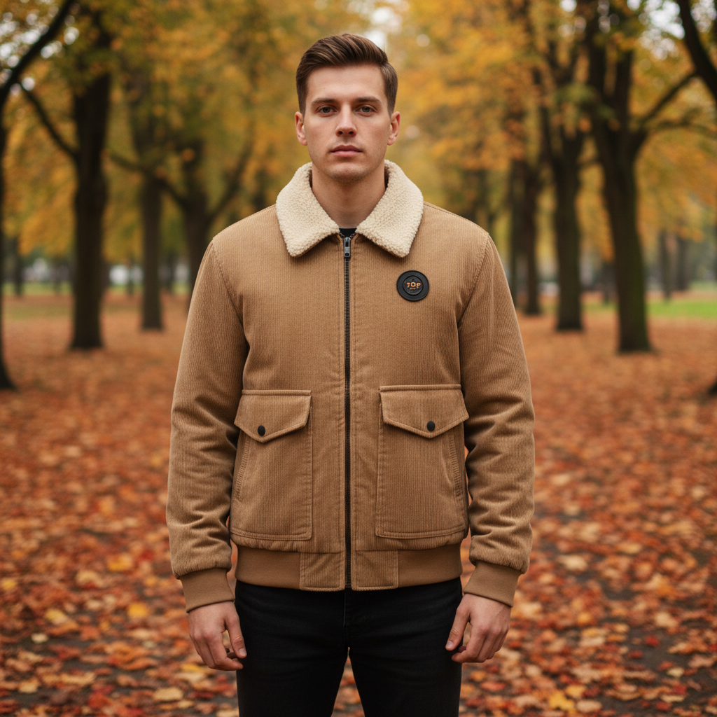 Men's corduroy fleece-lined jacket, warm casual outerwear for autumn winter fashion