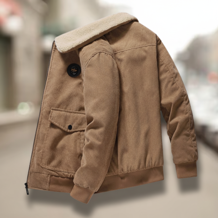 Close-up of brown corduroy fabric on a men's fleece-lined casual winter jacket