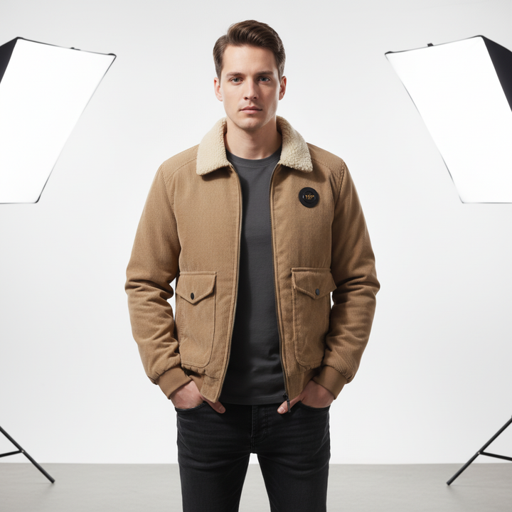 Full view of a men's corduroy jacket, fleece-lined, showcasing its classic autumn winter style