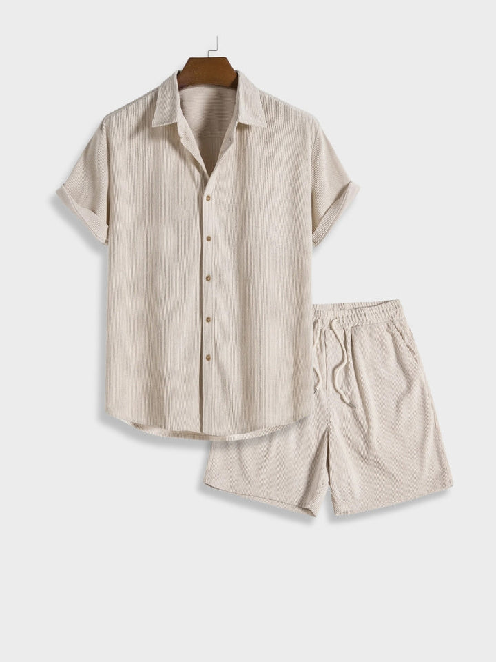 Men's corduroy summer shirt and shorts set. Breathable casual loungewear outfit for warm days.
