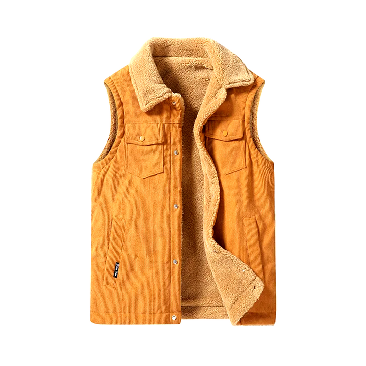 Comfortable men's sleeveless corduroy vest, featuring soft cashmere lining for warmth. Great for autumn fashion.