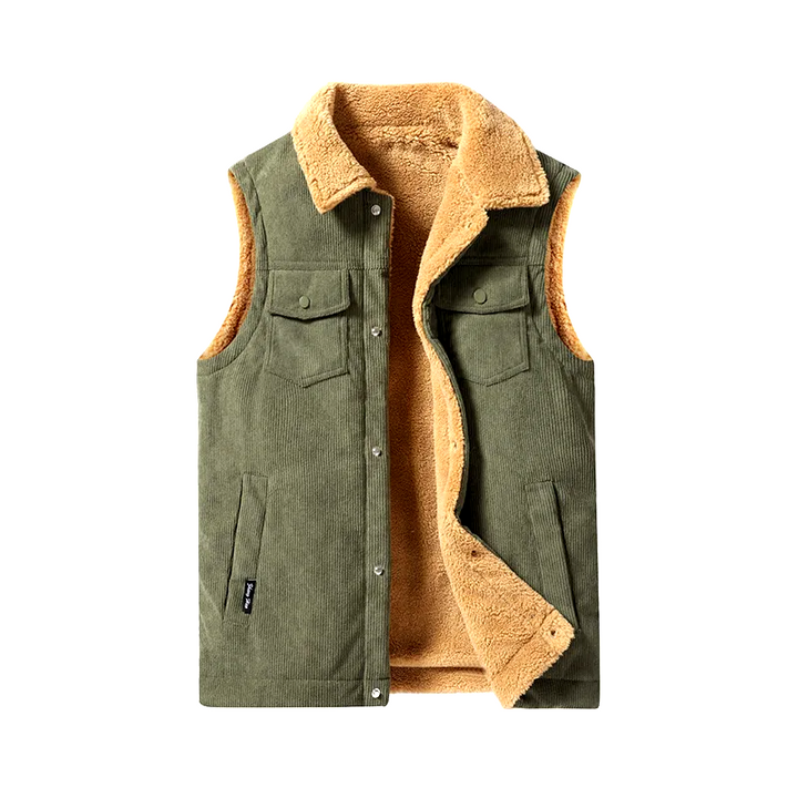 Textured men's corduroy vest, plush cashmere lining ensures warmth and comfort. A versatile fashion layering item.