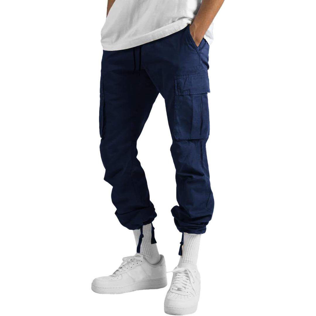Detail of the elastic waistband and drawstring on men's cotton cargo jogger pants