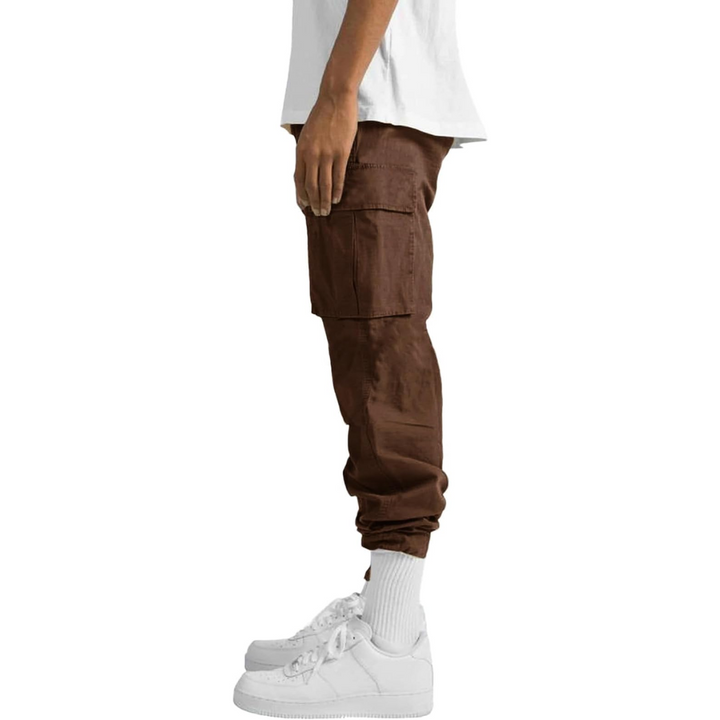 Front view of men's grey cotton cargo joggers, perfect for a relaxed active lifestyle