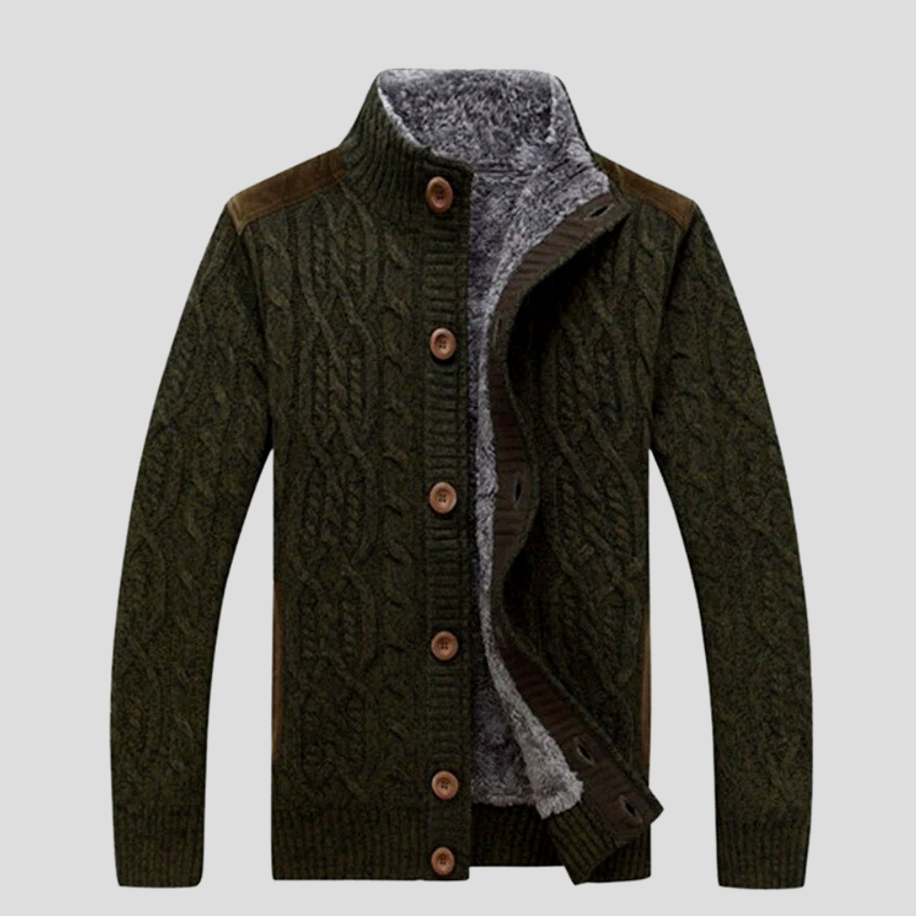 Warm men's button-up cardigan. Cozy knit sweater, long-sleeve, great for winter layering & comfortable casual wear.