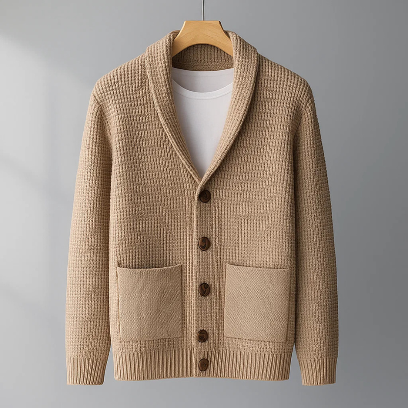 Warm men's knit button-up cardigan sweater, ideal for smart casual wear or everyday cozy fall layering.