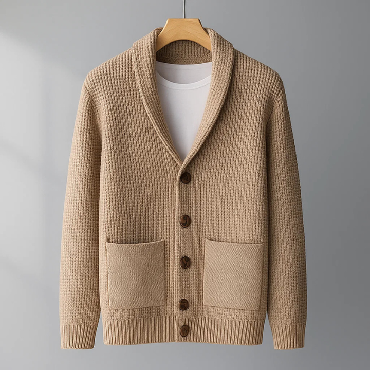 Warm men's knit button-up cardigan sweater, ideal for smart casual wear or everyday cozy fall layering.