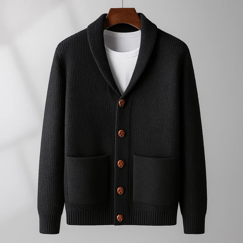 Stylish men's button-front cardigan sweater, providing warmth and comfort for everyday wear or winter layering.