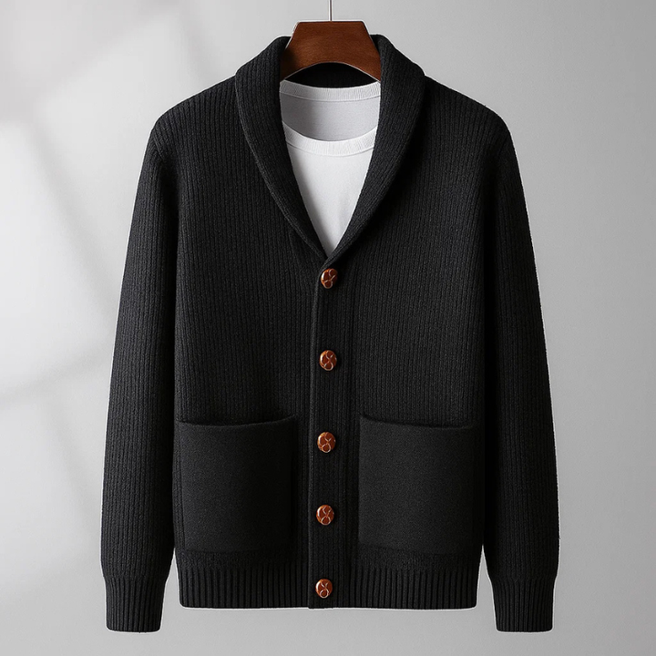 Stylish men's button-front cardigan sweater, providing warmth and comfort for everyday wear or winter layering.