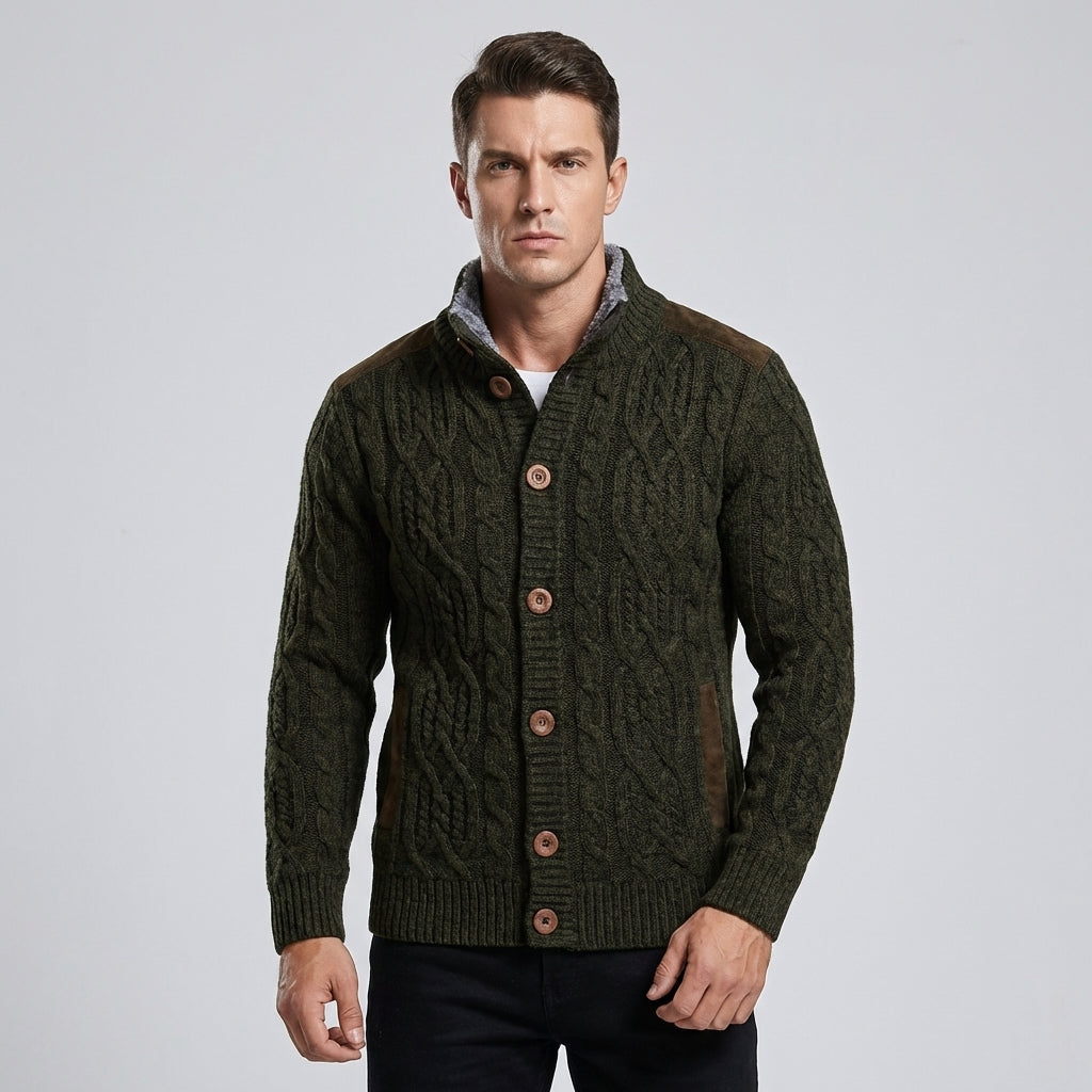 Men's cozy cable knit button-front cardigan, perfect for winter warmth and stylish layering.