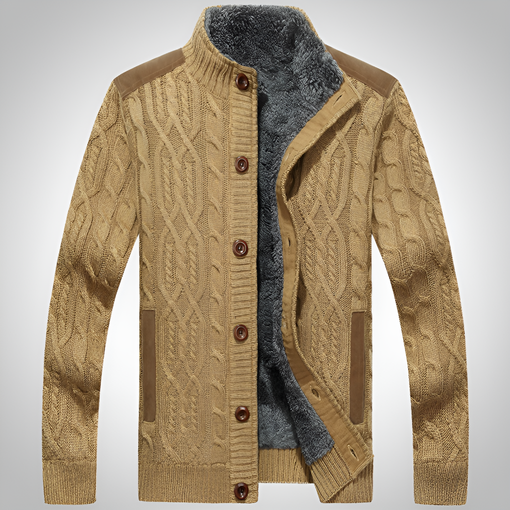 Stylish men's cable knit button-front cardigan in a warm, cozy design for winter outerwear.