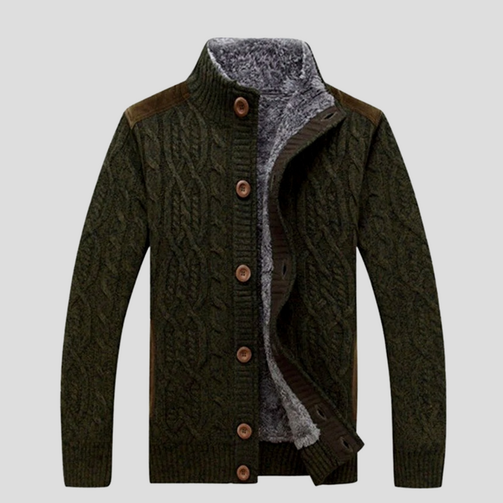 Warm & cozy men's cable knit sweater cardigan with button front, ideal for cold winter days.