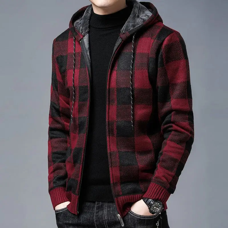 Men's cozy checkered zip-up hoodie, durable & stylish casual outerwear for layering.