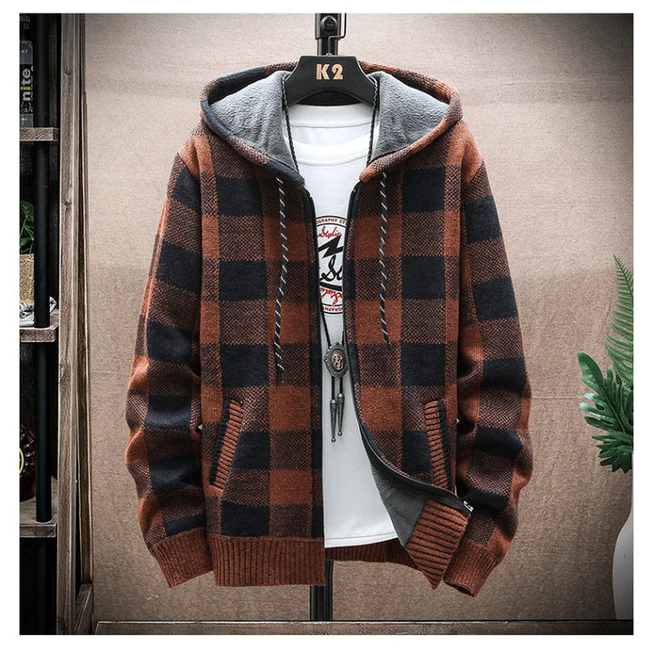 Comfortable men's checkered zip hoodie, perfect for layering with a stylish plaid design.