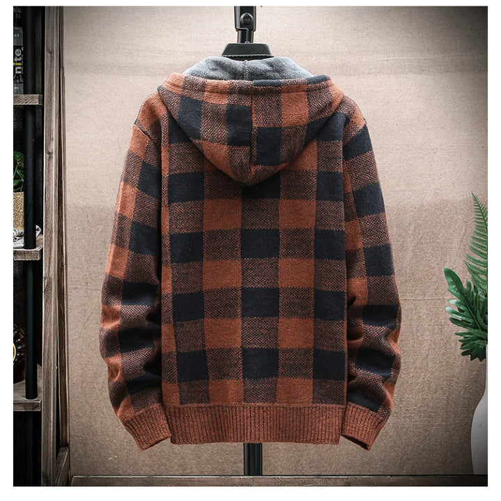 Stylish men's zip-up hoodie, cozy checkered pattern, durable casual apparel for men.