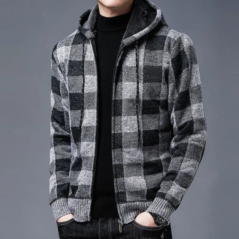Men's cozy checkered zip-up hoodie, durable casual wear, ideal comfortable outerwear.