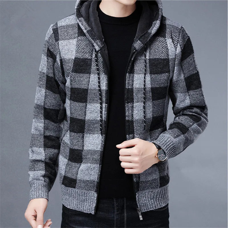 Plaid men's zip hoodie, a stylish checkered layer, comfortable & durable men's apparel.