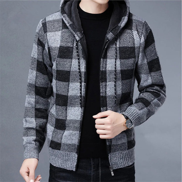 Plaid men's zip hoodie, a stylish checkered layer, comfortable & durable men's apparel.