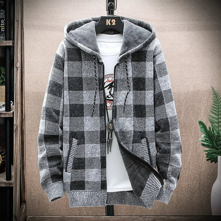 Durable men's checkered zip-up hoodie, cozy & stylish outerwear for casual occasions.