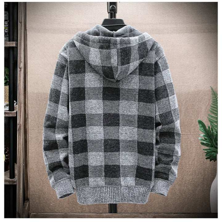 Men's comfortable zip-up hoodie, stylish checkered plaid pattern, durable for daily use.