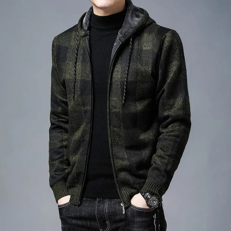 Cozy men's plaid zip hoodie, durable men's apparel, perfect for stylish casual layering.