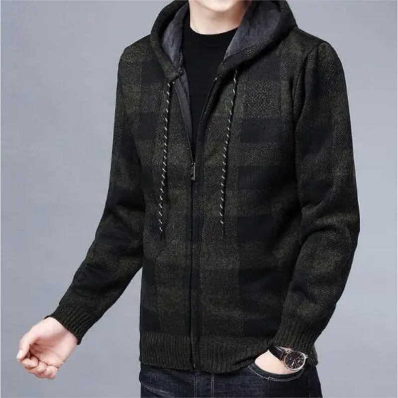 Stylish men's checkered zip-up hoodie, comfortable & durable layer for outerwear.