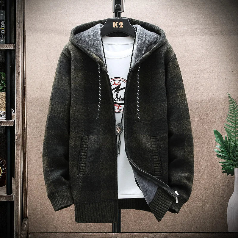 Men's durable checkered zip-up hoodie, cozy & stylish casual wear outerwear.