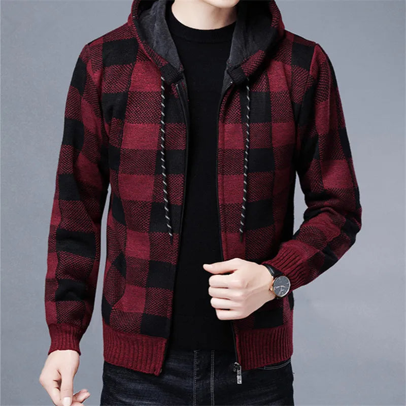 Comfortable men's plaid zip hoodie, perfect for casual wear & stylish layering.