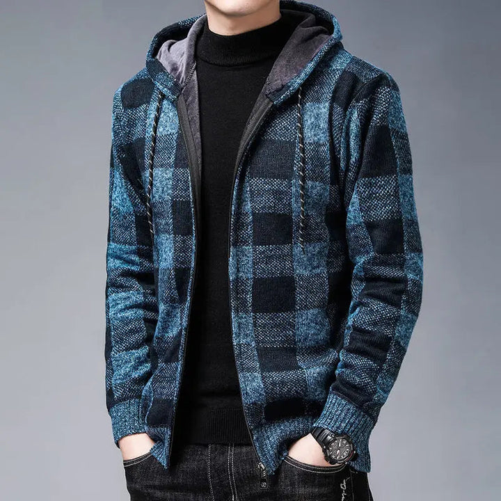Cozy men's plaid zip-up hoodie, comfortable men's apparel for stylish layering.