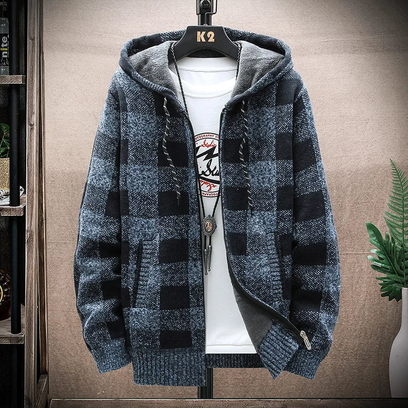 Stylish men's checkered zip-up hoodie, a cozy & durable plaid layer for all seasons.