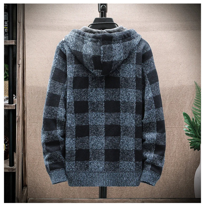 Warm men's zip-up plaid hoodie, comfortable & durable casual outerwear for men.