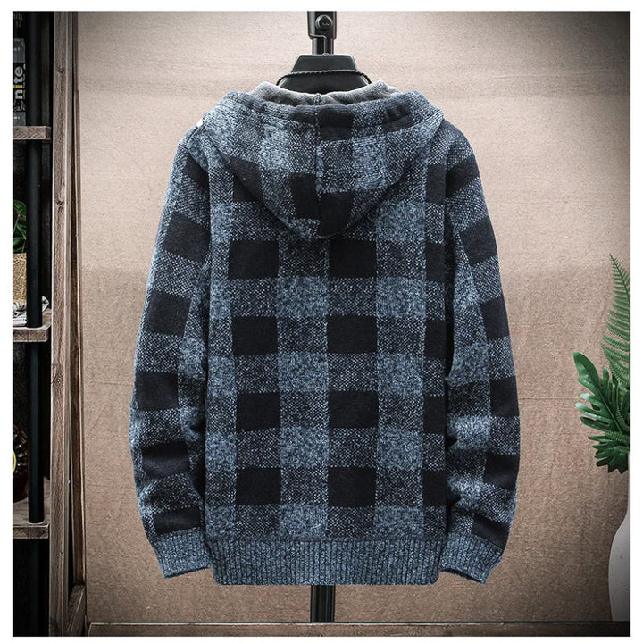 Warm men's zip-up plaid hoodie, comfortable & durable casual outerwear for men.