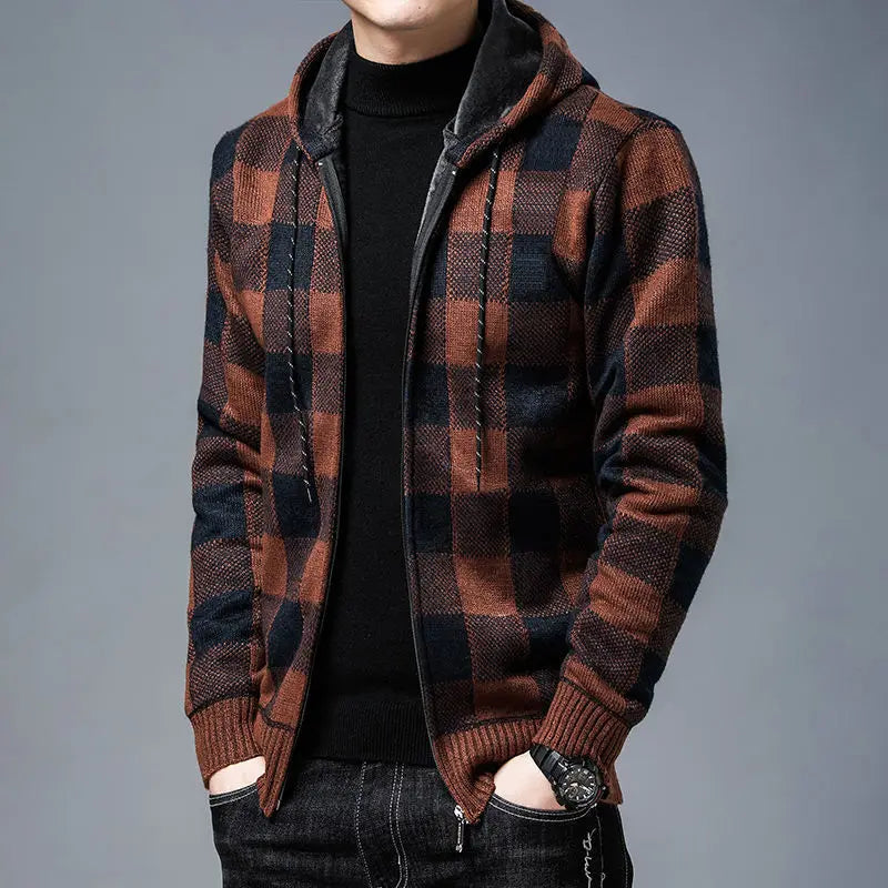 Men's cozy checkered zip-up, stylish plaid hoodie for comfortable everyday wear.
