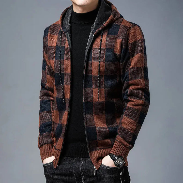 Men's cozy checkered zip-up, stylish plaid hoodie for comfortable everyday wear.