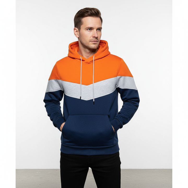 Men's casual fit cotton blend hoodie with front pocket, offering warmth and style for fall.