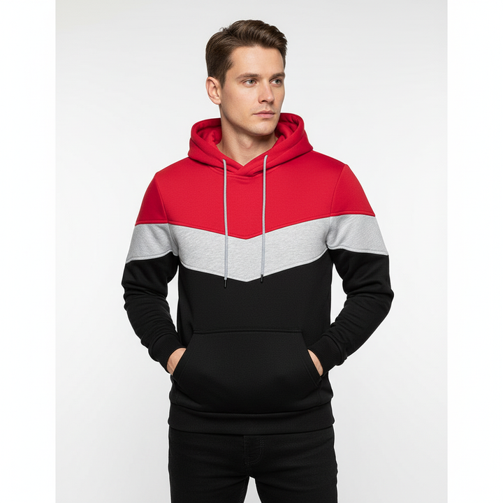 Model wearing a men's cozy cotton blend pullover hoodie, showcasing its comfortable and relaxed fit.