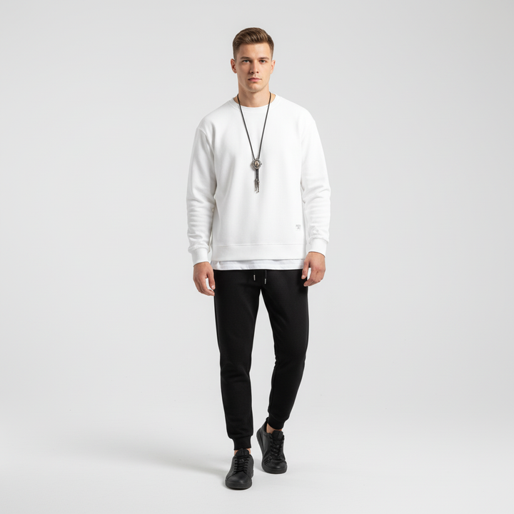 Sporty men's black tracksuit with zipper jacket and jogger pants, comfortable casual set