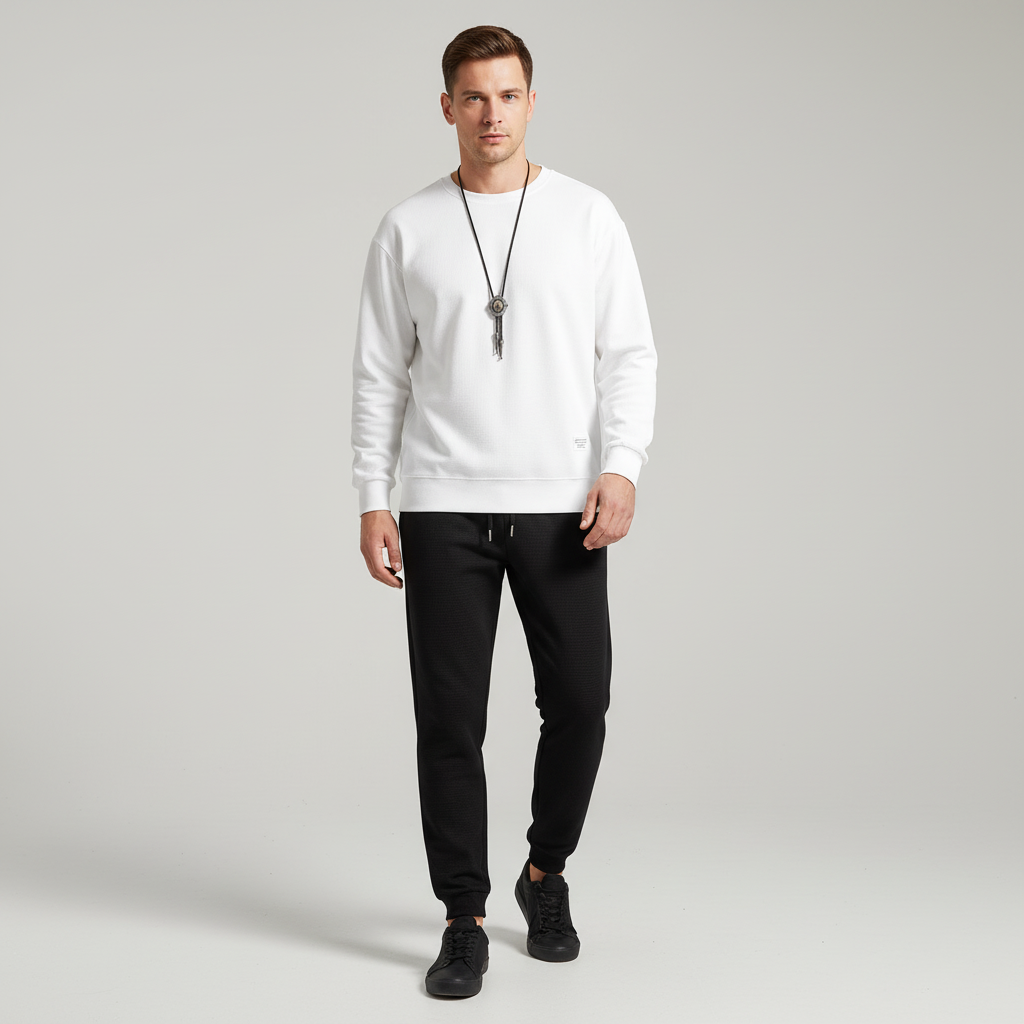 Model wearing modern men's black tracksuit, ideal for activewear or relaxed autumn fashion