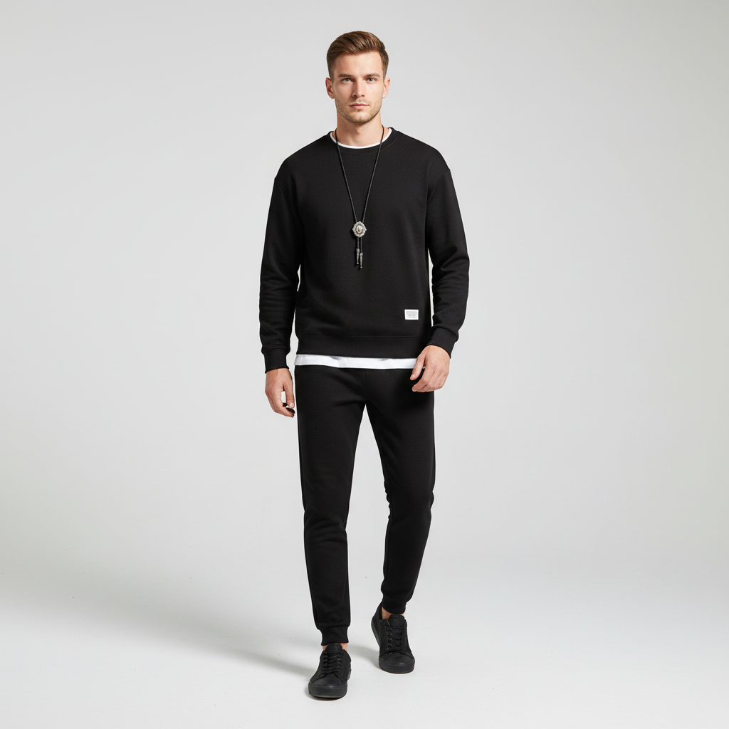 Stylish black men's tracksuit set, versatile cotton blend loungewear for men's fashion