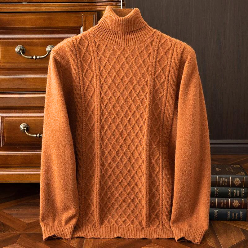 Men's cozy diamond cable knit turtleneck sweater. Stylish & warm fall/winter fashion apparel.