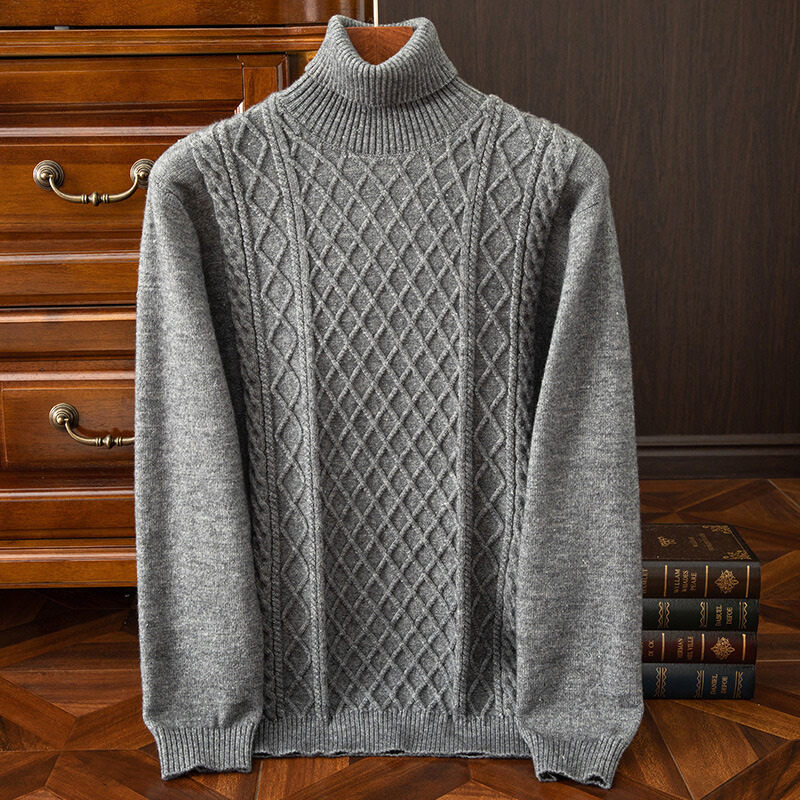Soft men's cozy cable knit turtleneck sweater. Ideal warm layering piece for winter & fall style.