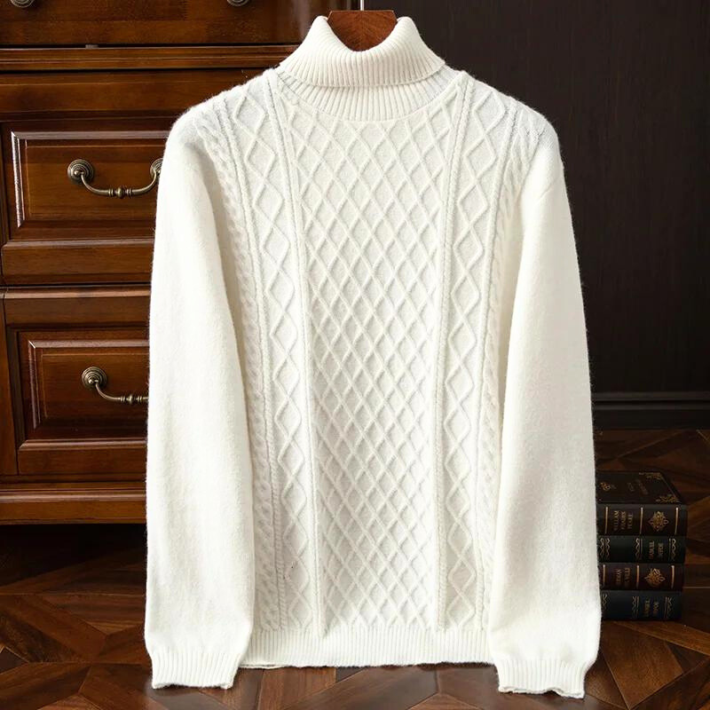 Diamond cable knit men's turtleneck sweater. A stylish & warm top for fall/winter fashion.