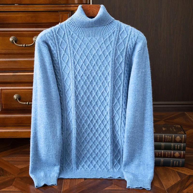 Men's warm cable knit turtleneck, perfect for winter fashion & fall style. Cozy men's apparel.